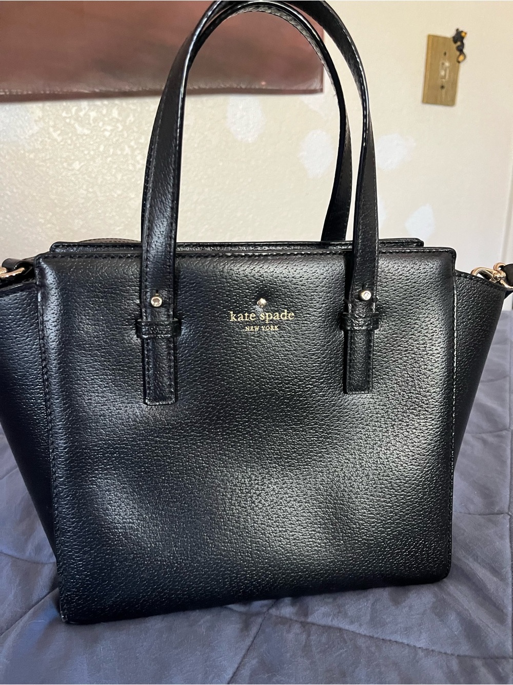 kate spade Black Pebbled Leather Satchel with Gold Logo